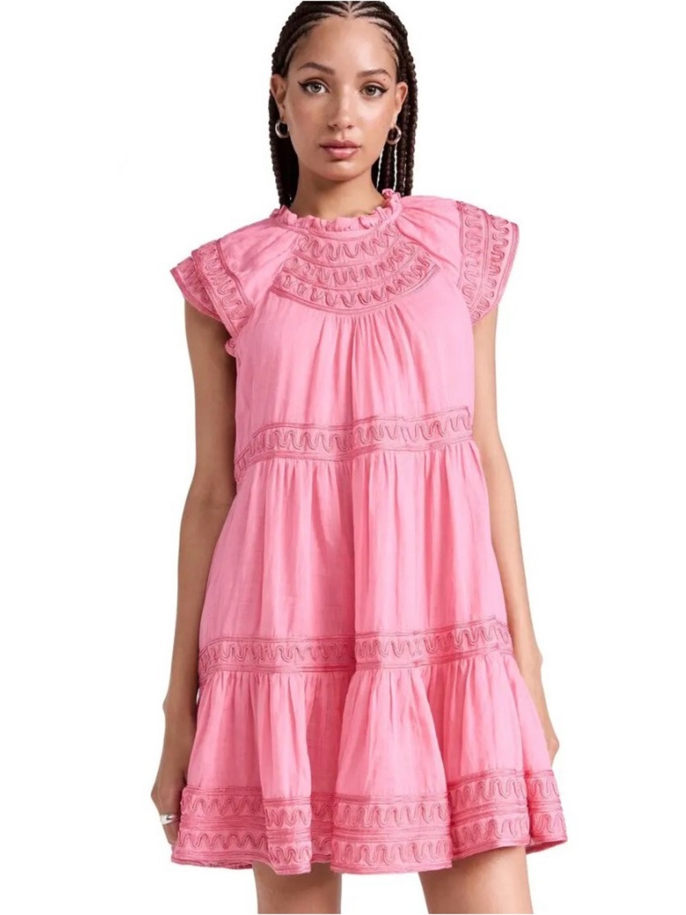Pink Tiered Embroidered Mini Dress